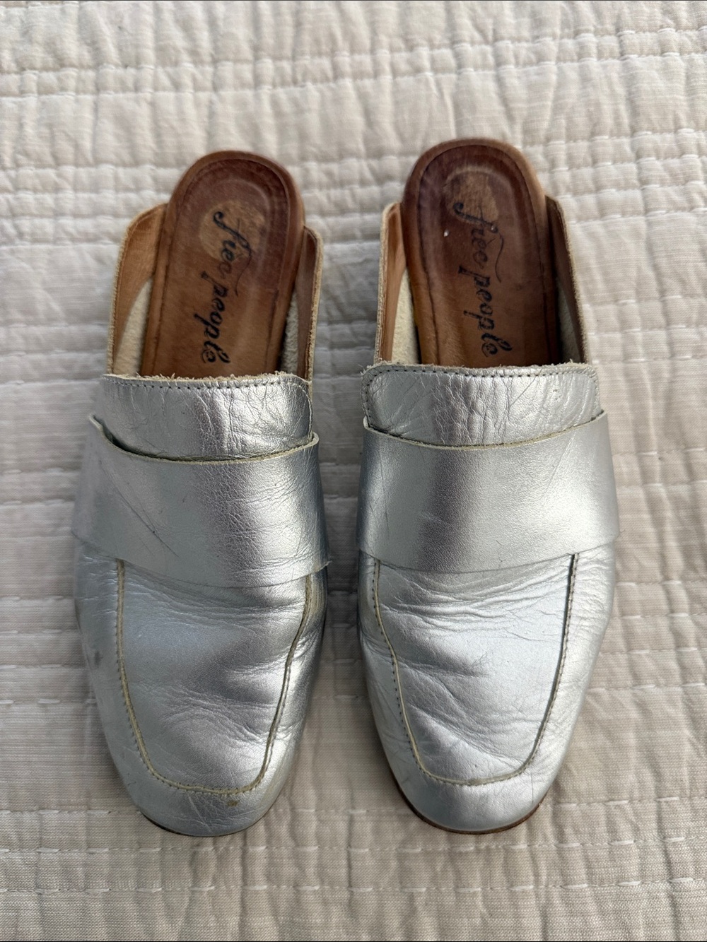 Free People Metallic Silver Leather Mule Loafers